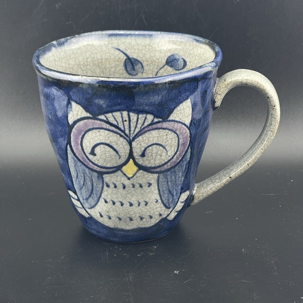 Saikai Pottery Hasami Ware Hand Painted Owl Moon Coffee Tea Cup Mug Signed